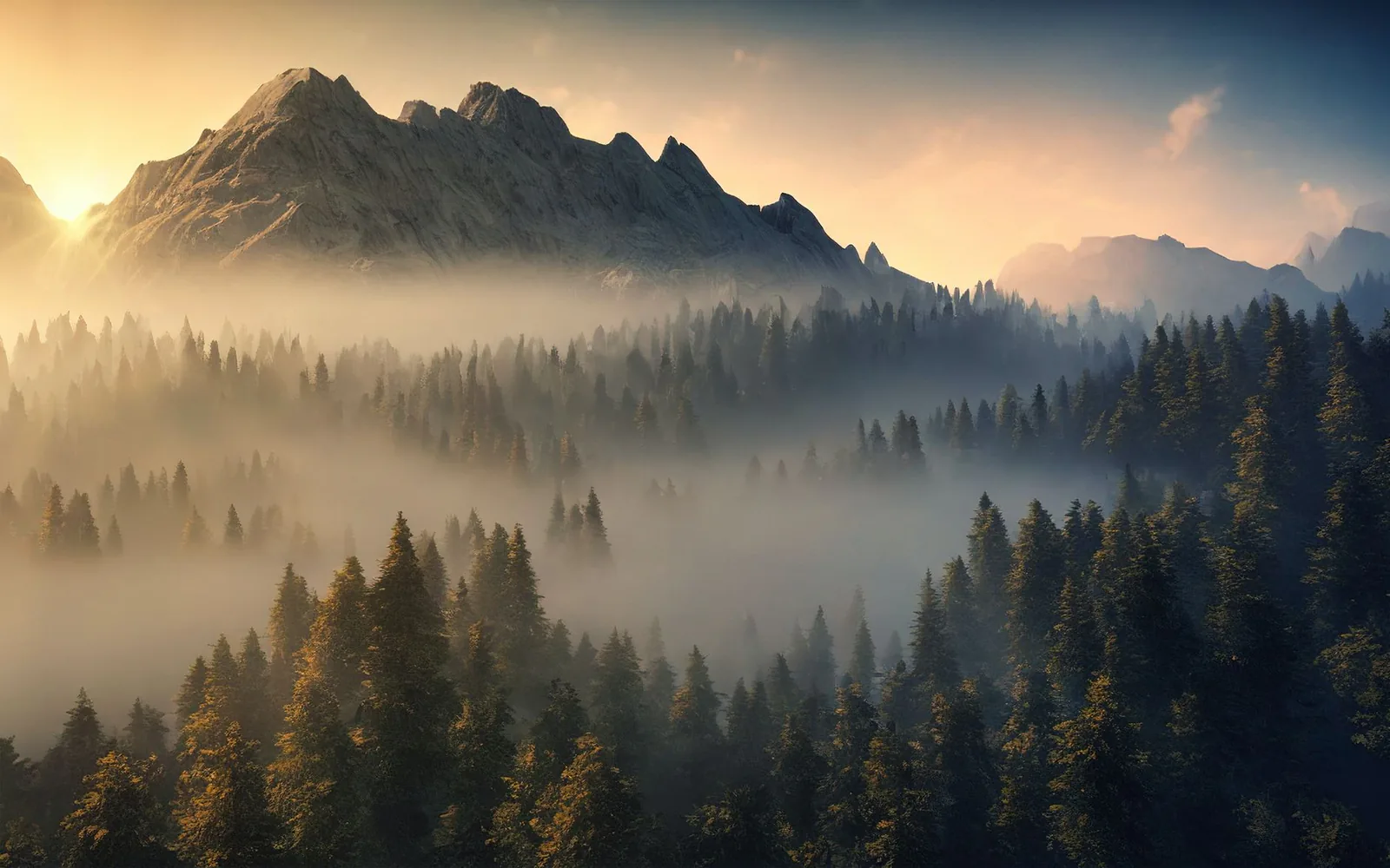 Evergreen forest below misty mountains at dawn